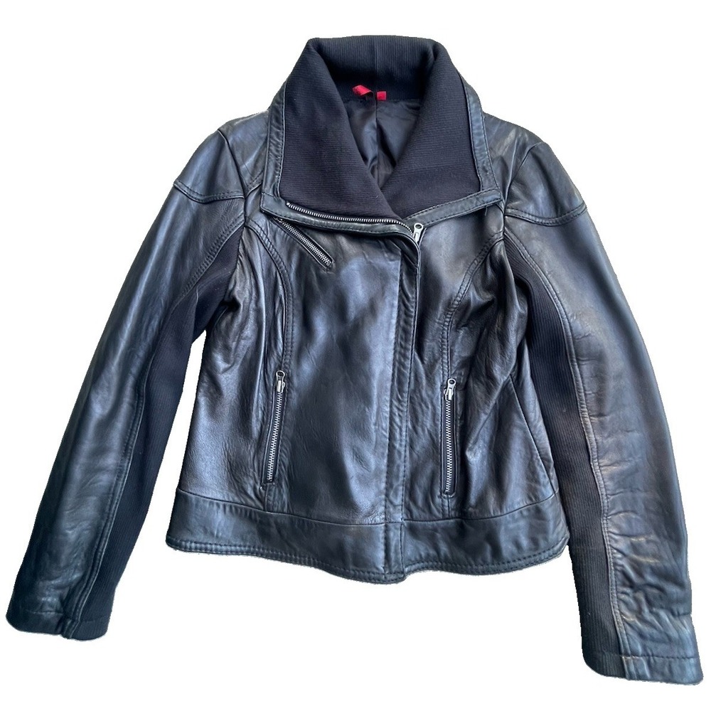 Michael Kors Black Leather Moto Jacket Women's Size Large Mixed Media Knit Trim